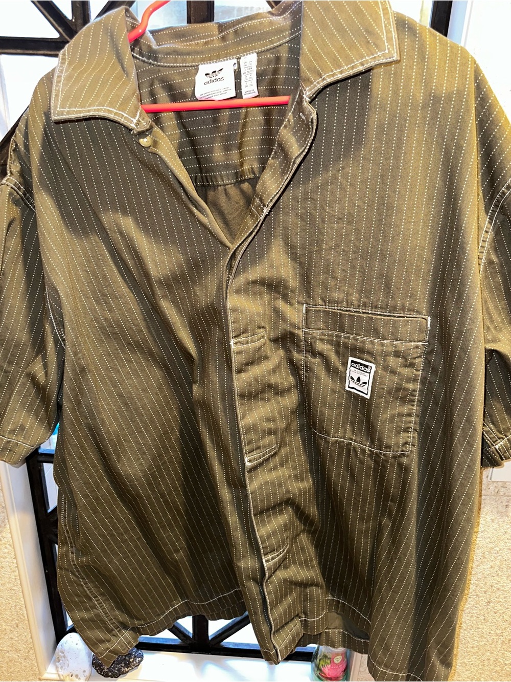 adidas Originals Wabash Olive Green Pinstripe Short Sleeve Button-Down Shirt